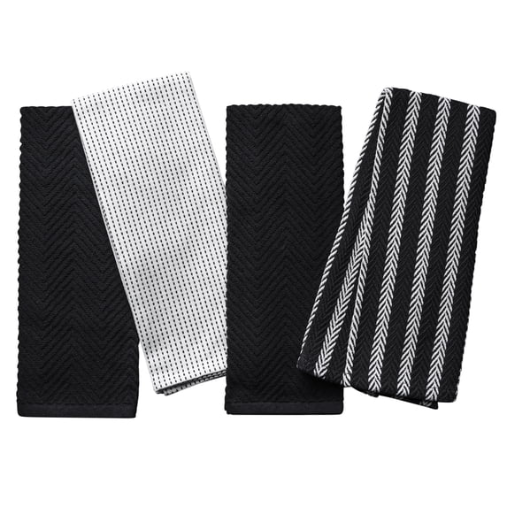 Thyme & Table Kitchen Towels, White and Black, 4 Pack Set