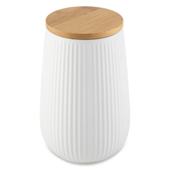 Thyme & Table Large (1.2 L) Ceramic Ribbed Kitchen Organization Canister with Bamboo Lid, White
