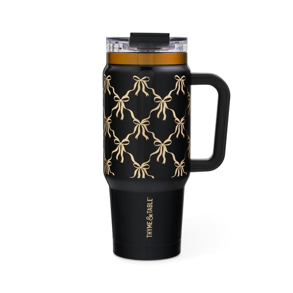 Thyme & Table Luna Tumbler, 32 oz, Stainless Steel, Handle, Dual Straw Lid, Black Bow