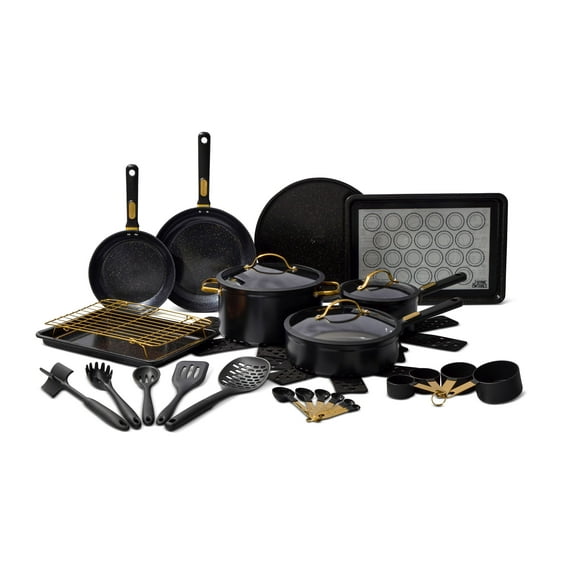 Thyme & Table 32-Piece Aluminum Ceramic Non-Stick Cookware Set - Black Pots and Pans