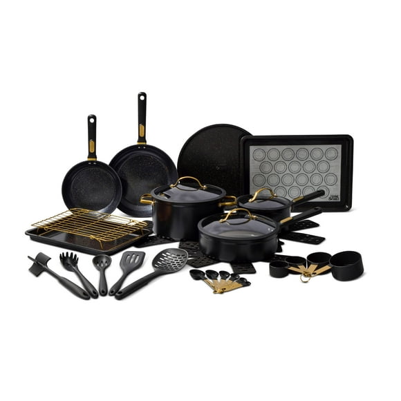 Thyme & Table 32-Piece Aluminum Ceramic Non-Stick Cookware Set - Black Pots and Pans