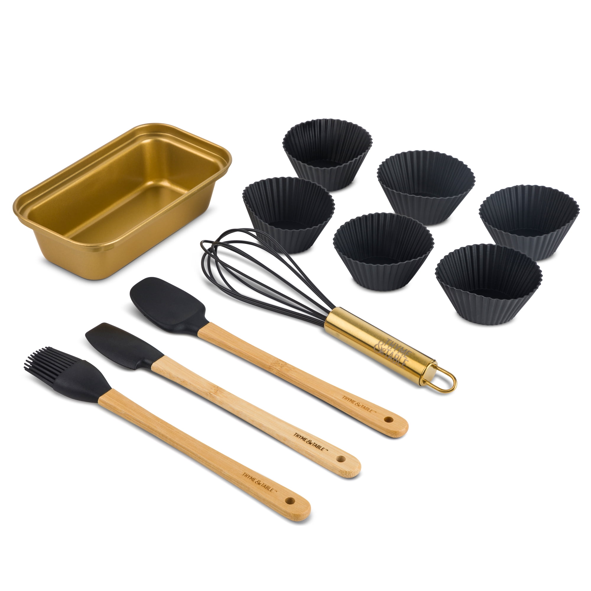 Thyme & Table Mini Kitchen Utensil Set with Whisk, Spatula, Mini Loaf Pan, Cupcake Liners, 11 Pieces, Gold
