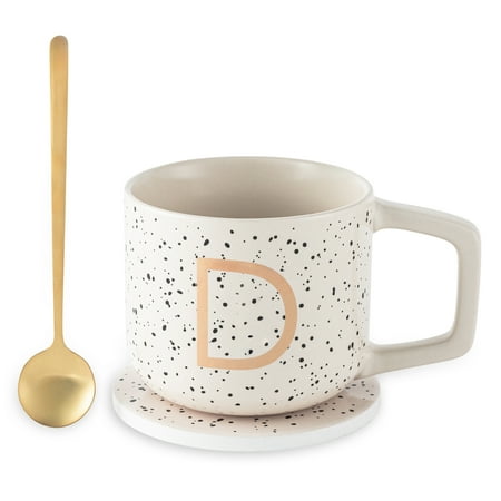 Thyme & Table Monogram D Stoneware Mug Set with Coaster and Gold Stir Spoon, 13.5 fl oz