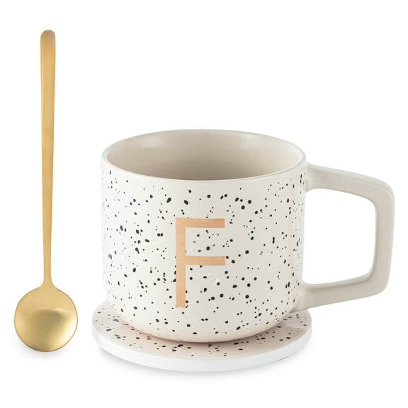 Thyme & Table 13.5 fl oz Monogram F Stoneware Mug, Coaster and Stir Set