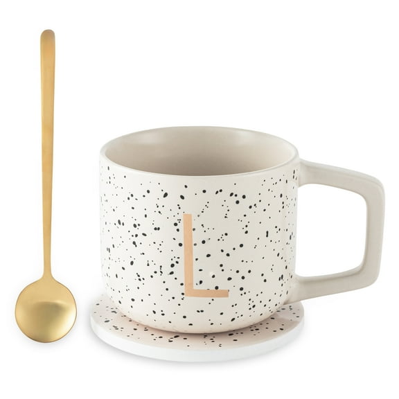 Thyme & Table 13.5 fl oz Monogram L Stoneware Mug, Coaster and Stir Set