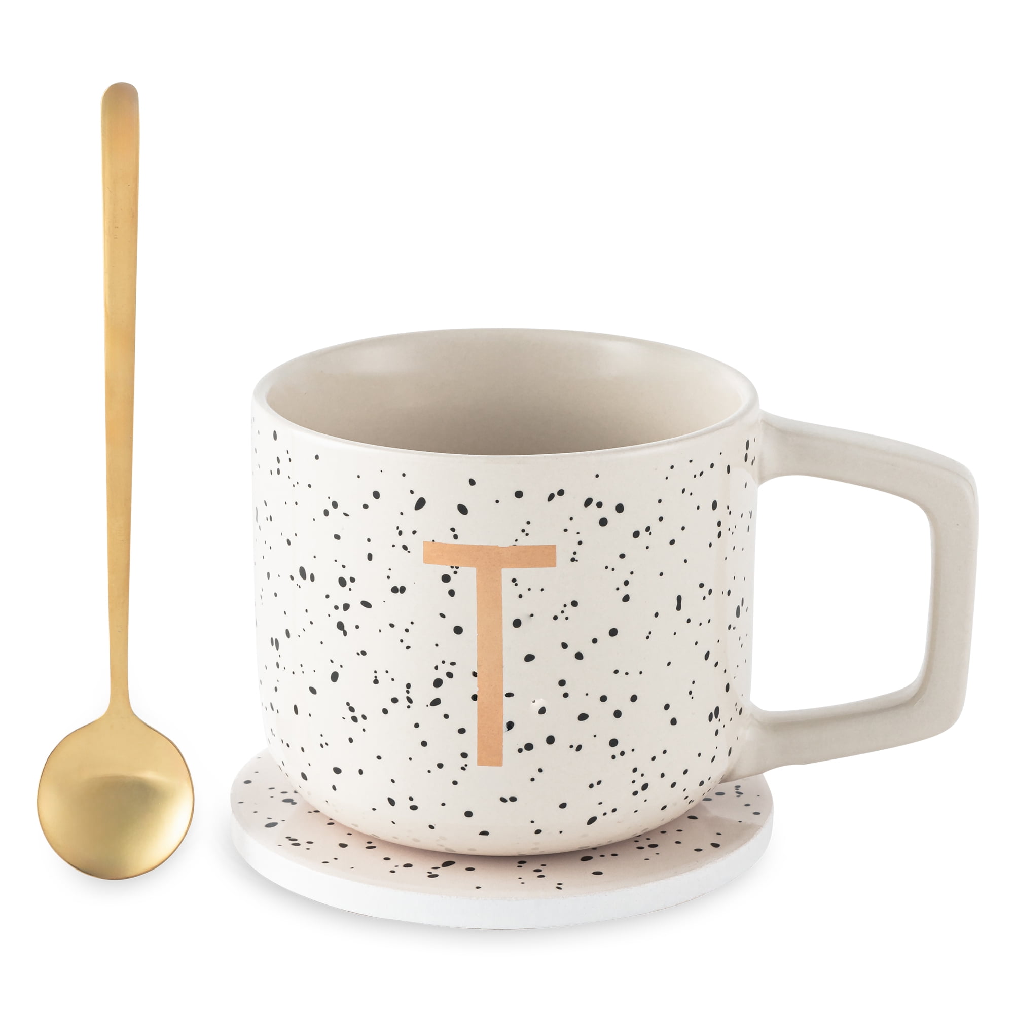 Thyme & Table Monogram T 13.5 fl oz Stoneware Mug Set with Coaster and Gold Stir Spoon