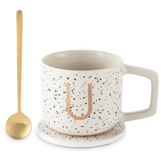 Thyme & Table 13.5 fl oz Monogram U Stoneware Mug, Coaster and Stir Set