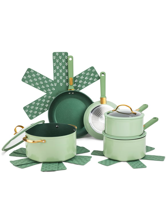 Thyme & Table Non-Stick 12-Piece Granite Cookware Set, Green