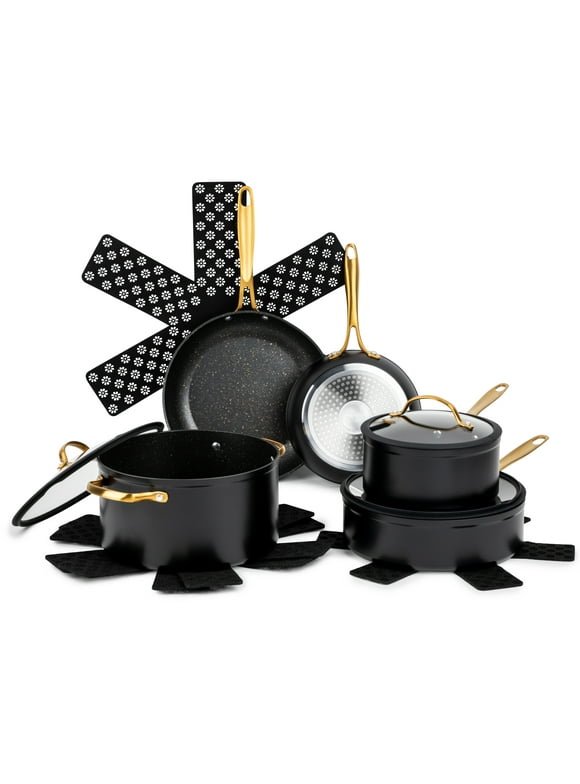 Thyme & Table Non-Stick 12-Piece Signature Cookware Set, Black & Gold
