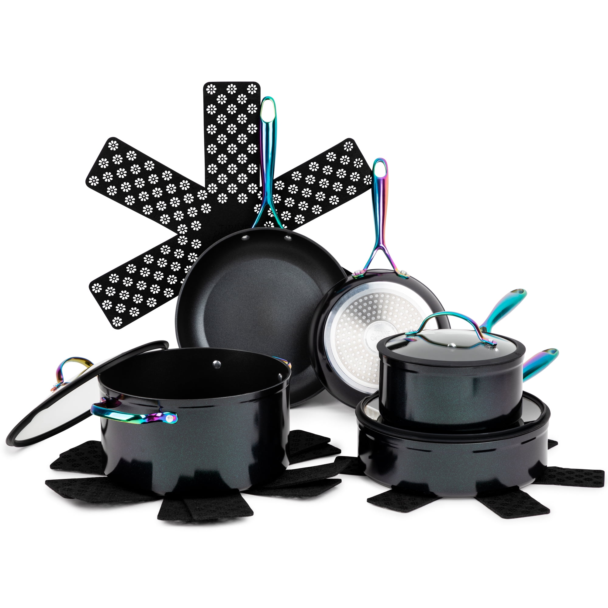 Thyme Table Non Stick 12 Piece Signature Cookware Set Black Rainbow