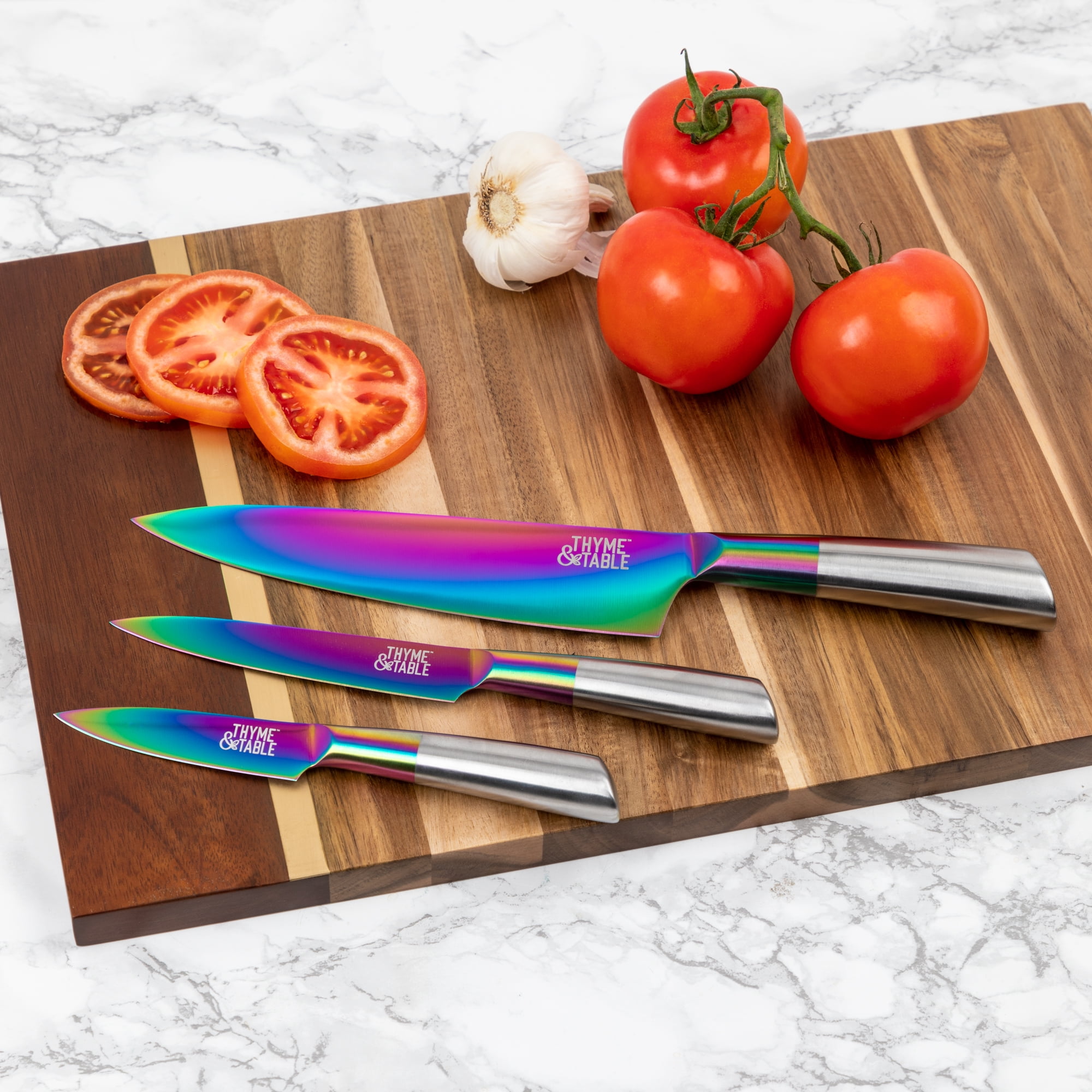 Thyme & Table Non-Stick Coated High Carbon Stainless Titanium Rainbow  Knives, 3 Piece Set