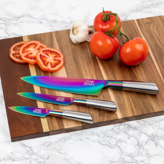 Thyme & Table Non-Stick Coated High Carbon Stainless Titanium Rainbow Knives, 3 Piece Set