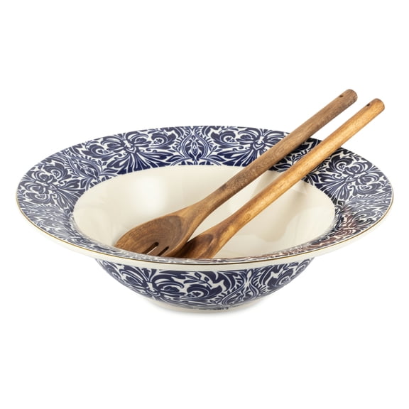 Thyme&Table Nova 3-Piece Ceramic Serving Bowl Set, Navy & White, with Wood Serving Utensils