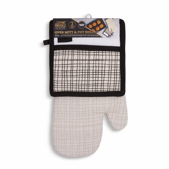 Thyme & Table Oven Mitt and Potholder, Cream & Black Crosshatch, 2 Pack Set