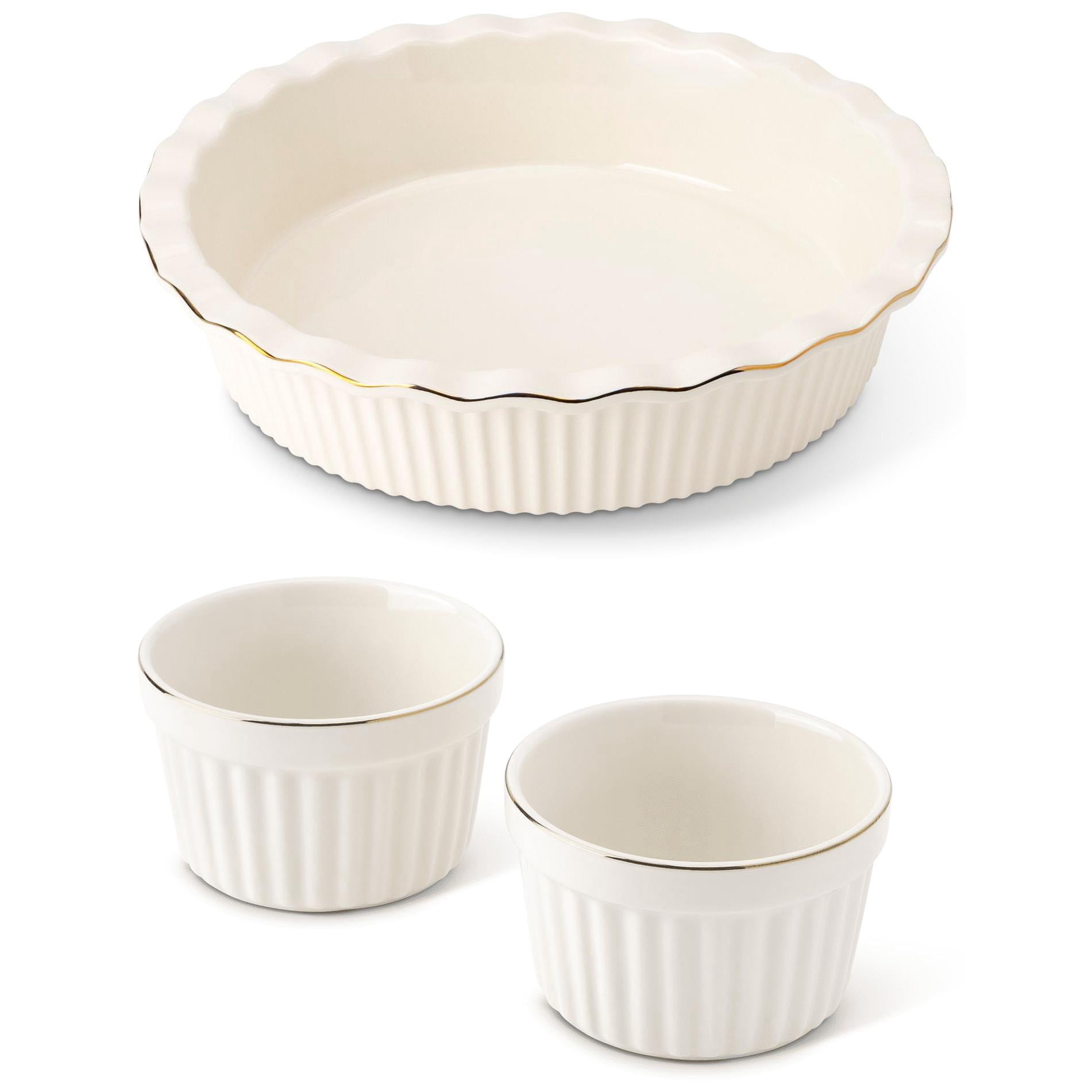 Thyme & Table Pie Dish and 2-Piece Ramekin Set, White Ribbed Ceramic
