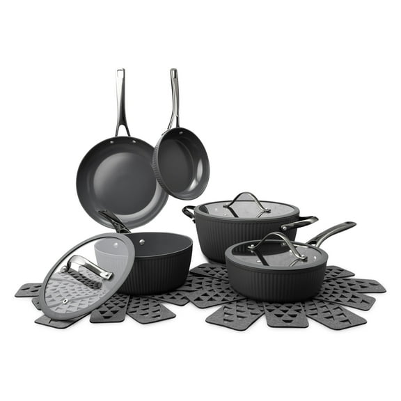 Thyme & Table12-Piece Non-Stick Signature Cookware Set, Pots and Pans Set- Grey & Gunmetal