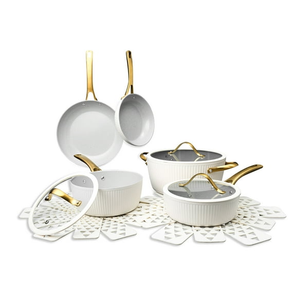 Thyme & Table 12-Piece Non-Stick Signature Cookware Set, Pots and Pans Set- White & Gold