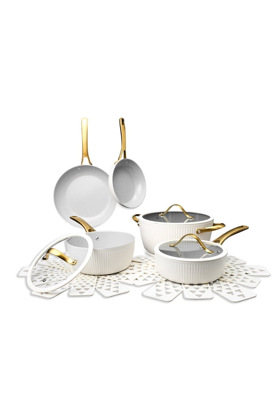 12-Piece Non-Stick Signature Cookware Set, Pots and Pans Set- White & Gold