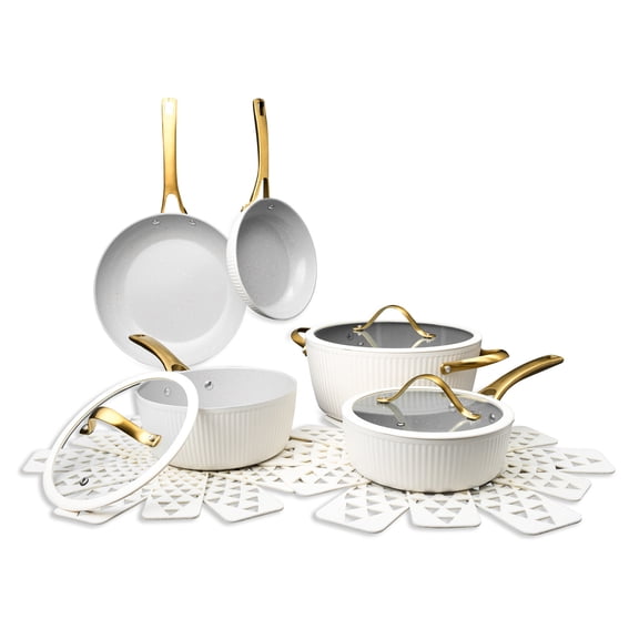 Thyme & Table 12-Piece Ceramic Non-Stick Signature Cookware Set, Non-Toxic Pots and Pans Set- White & Gold