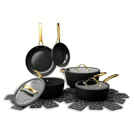 Thyme & Table 12-Piece Non-Stick Signature Ribbed Cookware Set, Pots and Pans Set - Black & Gold