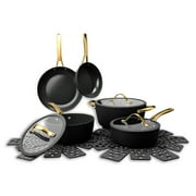 Thyme & Table 12-Piece Non-Stick Signature Ribbed Cookware Set, Non-Toxic Pots and Pans Set - Black & Gold