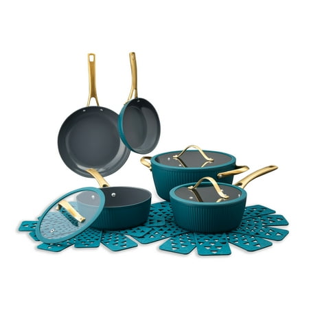 Thyme & Table 12-Piece Ceramic Non-Stick Signature Ribbed Cookware Set, Non-Toxic Pots and Pans Set - Peacock Blue