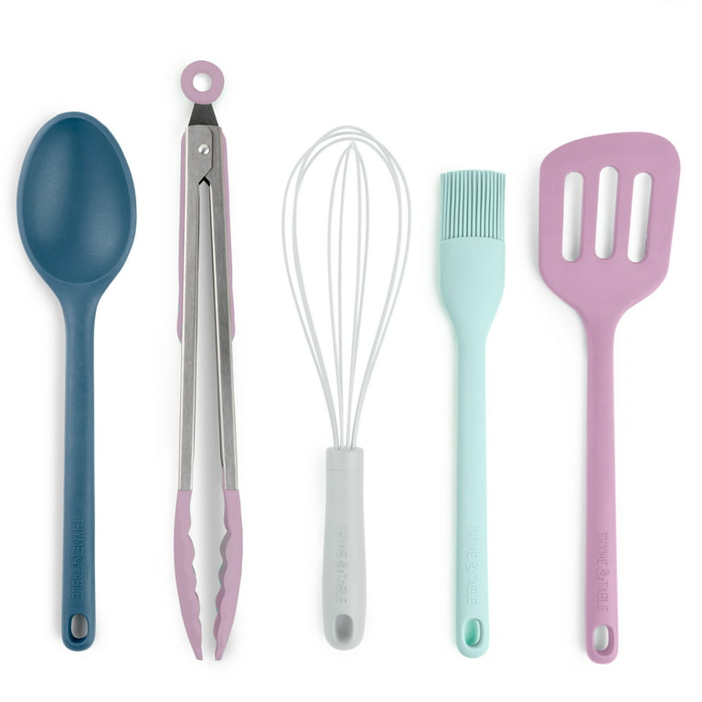 Thyme & Table Silicone Utensils, 5-Piece Set, Tongs, Basting Brush,  Spatula, Turner, Spoon