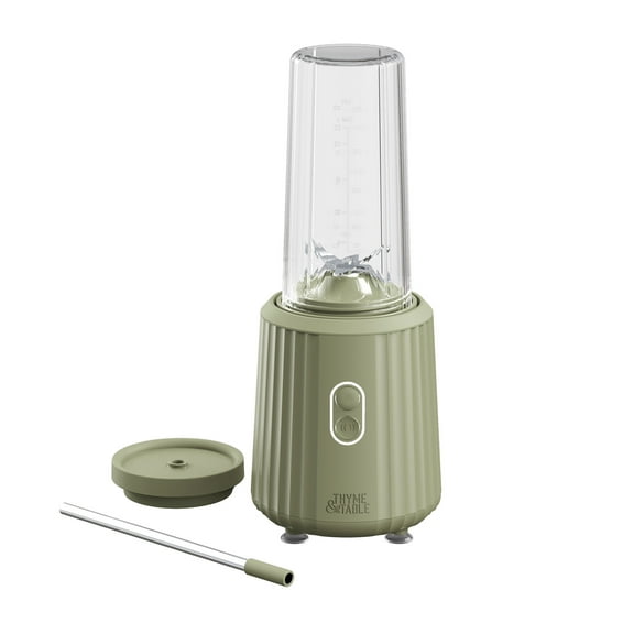 Thyme & Table 900 W 25 oz Single Serve Blender with Tritan Vessel, Smart Seal Lid and Straw, 6-Point Stainless Steel Blade, Eucalyptus Green