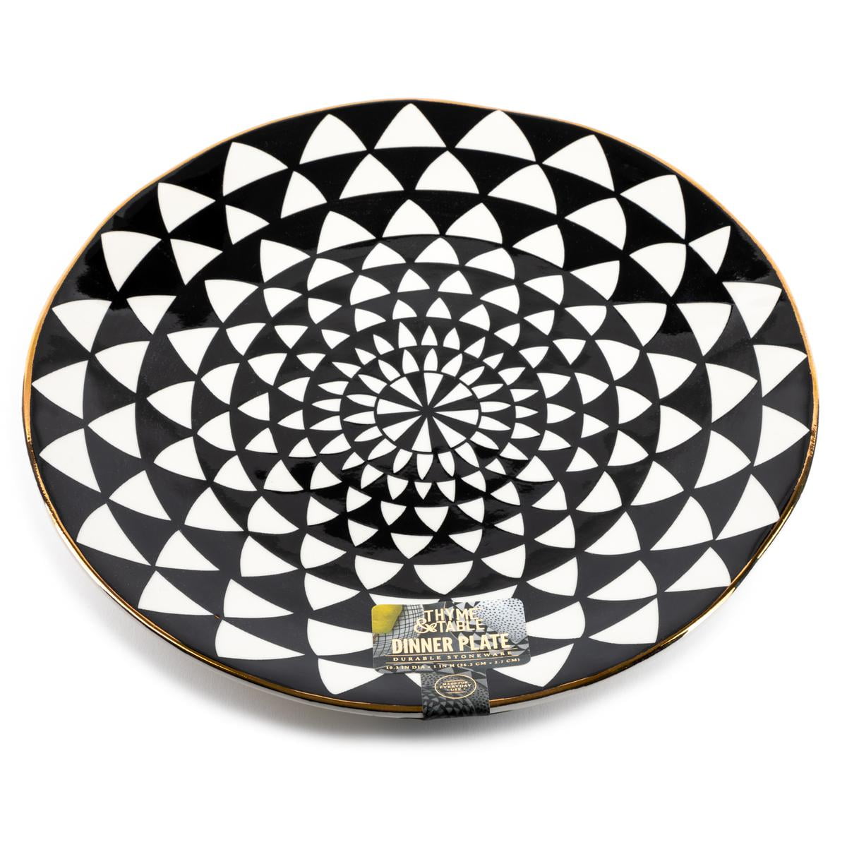 Black and White Ceramic Round Dinner Plate with Gold Rim