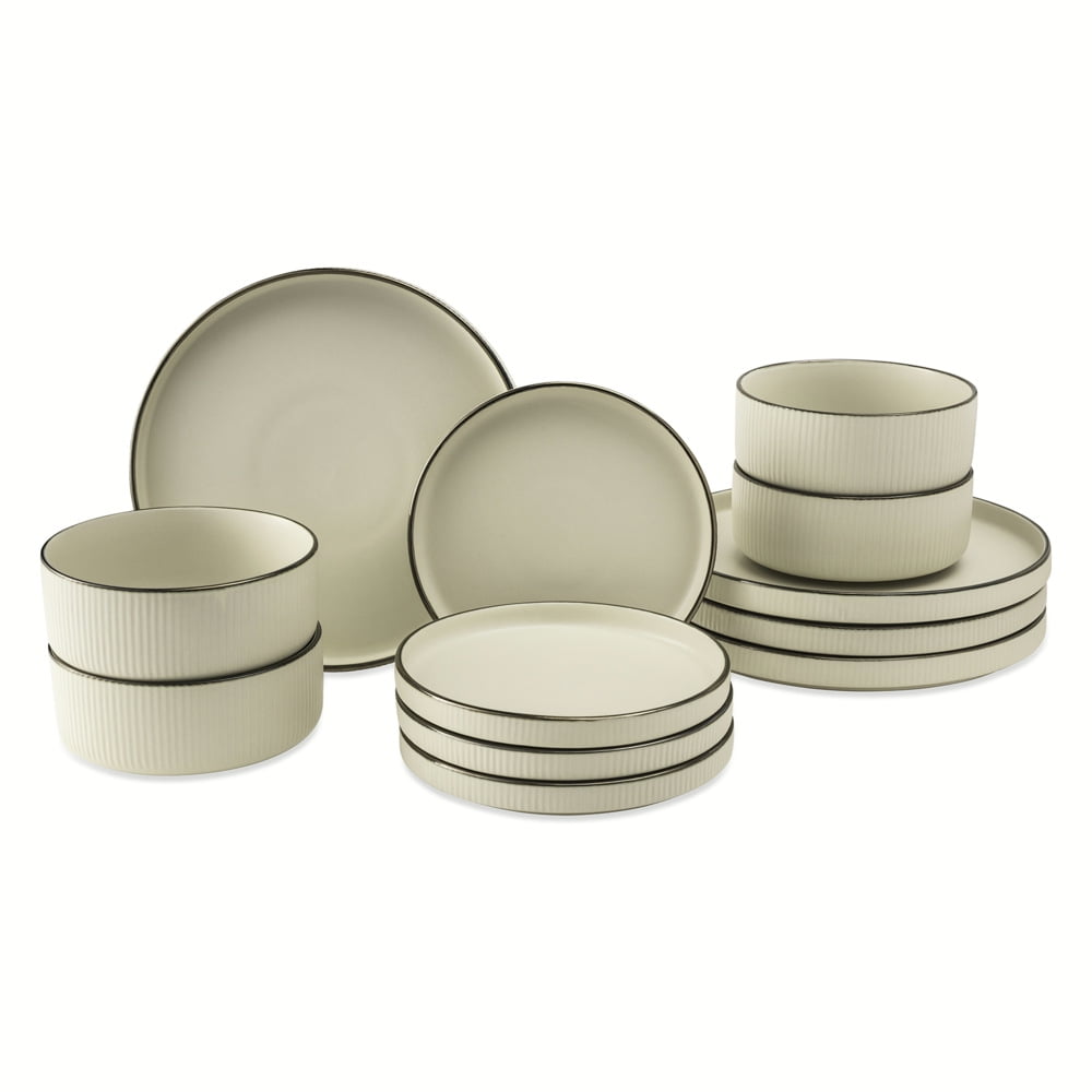 Thyme & Table 12Piece Cream Ribbed Stoneware Dinnerware Set, Service