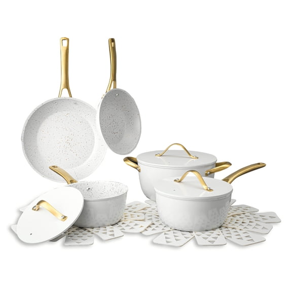 Open Box Thyme and Table 12 Piece Nonstick Aluminum Cookware Set, Pots and Pans Set - White
