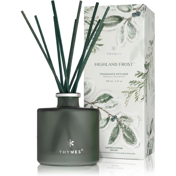 Thymes Petite Oil Reed Diffuser Set Includes Reed Diffuser Sticks, Fragrance Oil, & Glass Bottle Luxury Home Decor Holiday Decor Winter Scents Sage-Green (Highland Frost, 4 fl oz)