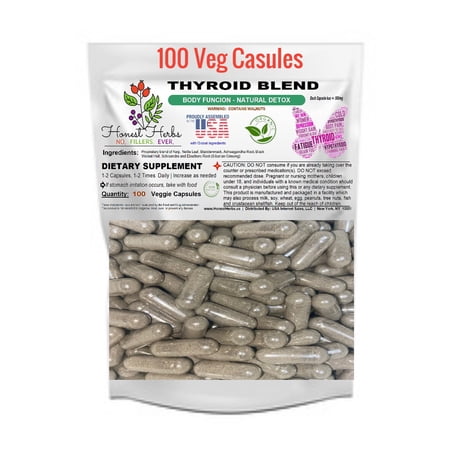 Thyroid Blend Veg Caps - Natural Detox | Kelp | Nettle | Bladderwrack | Black Walnut Hull | Schisandra | Eleuthero Root - Honest Herbs - 500mg, 100 Veggie Caps