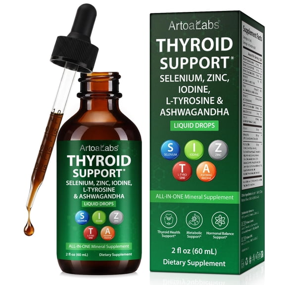 Thyroid Support Liquid Drops with Selenium, Zinc, Iodine, L-Tyrosine & Ashwagandha, All-in-One Mineral Herbal Supplement, 2 Fl Oz (60 mL)