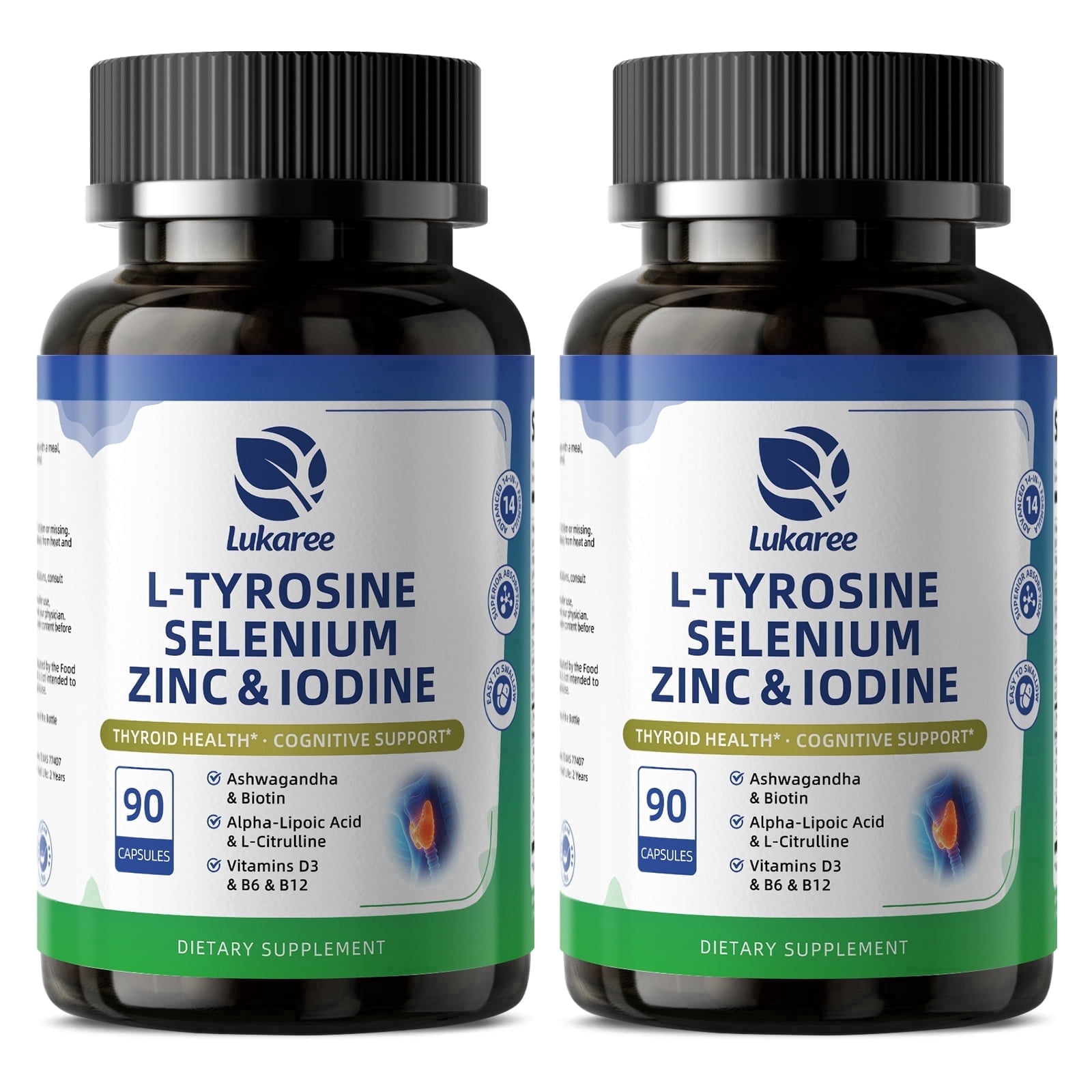 Thyroid Support Supplement with Iodine, Zinc, Selenium, L-Tyrosine, Ashwagandha – for Mood, Energy, Metabolism, Hormone Balance –Thyroid Health Supplement for Men Women – 180 Vegan Capsules
