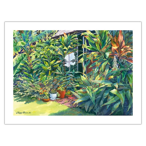 Ti House - Hawaiian Ti Leaves for Protection and Luck - From an Original Hawaii Watercolor Painting by Peggy Chun - Bamboo Fine Art 290gsm Paper Print (Unframed) 18x24in