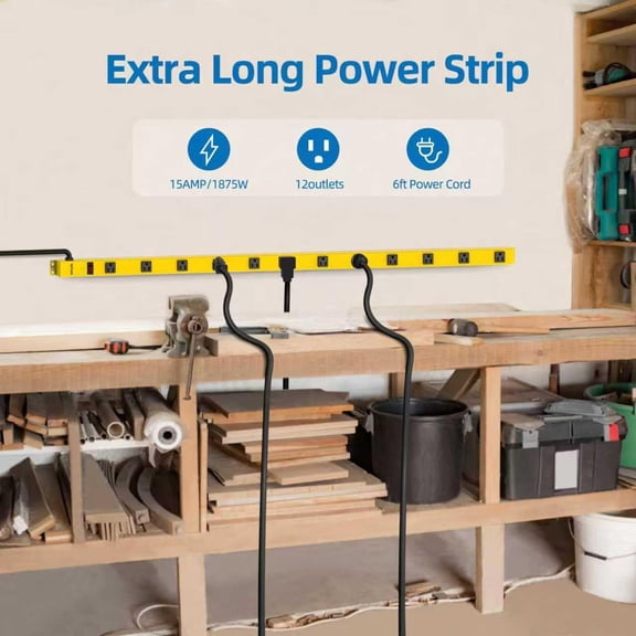 TiFFCOFiO Metal Power Strip, 9 Widely Space Outlets, Wall Mountable Power Strip Surge Protector, 6 FT Extension Cord,15A/1875W, ETL Listed (12 Outlet)