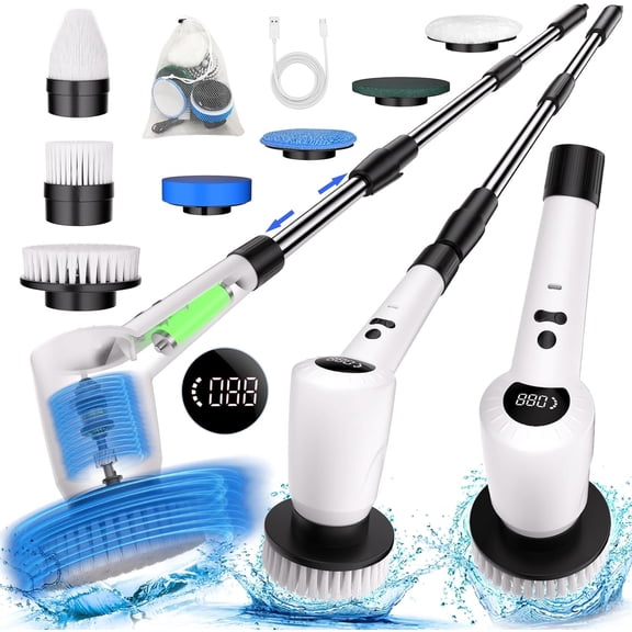 TiKenso Electric Rotating Cleaning Brush - Cordless Bathtub Cleaner - Adjustable Extension Handle - 3-speed Adjustable - 7 replaceable cleaning heads - Suitable for bedrooms, floors, and cars