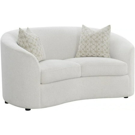 Tia 66 Inch Modern Curved Loveseat, 2 Throw Pillows, Cream Boucle Fabric