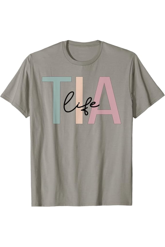 Tia Life T-Shirt - Light Gray Boho Style with Oversized Pastel Letters and Script Font Design