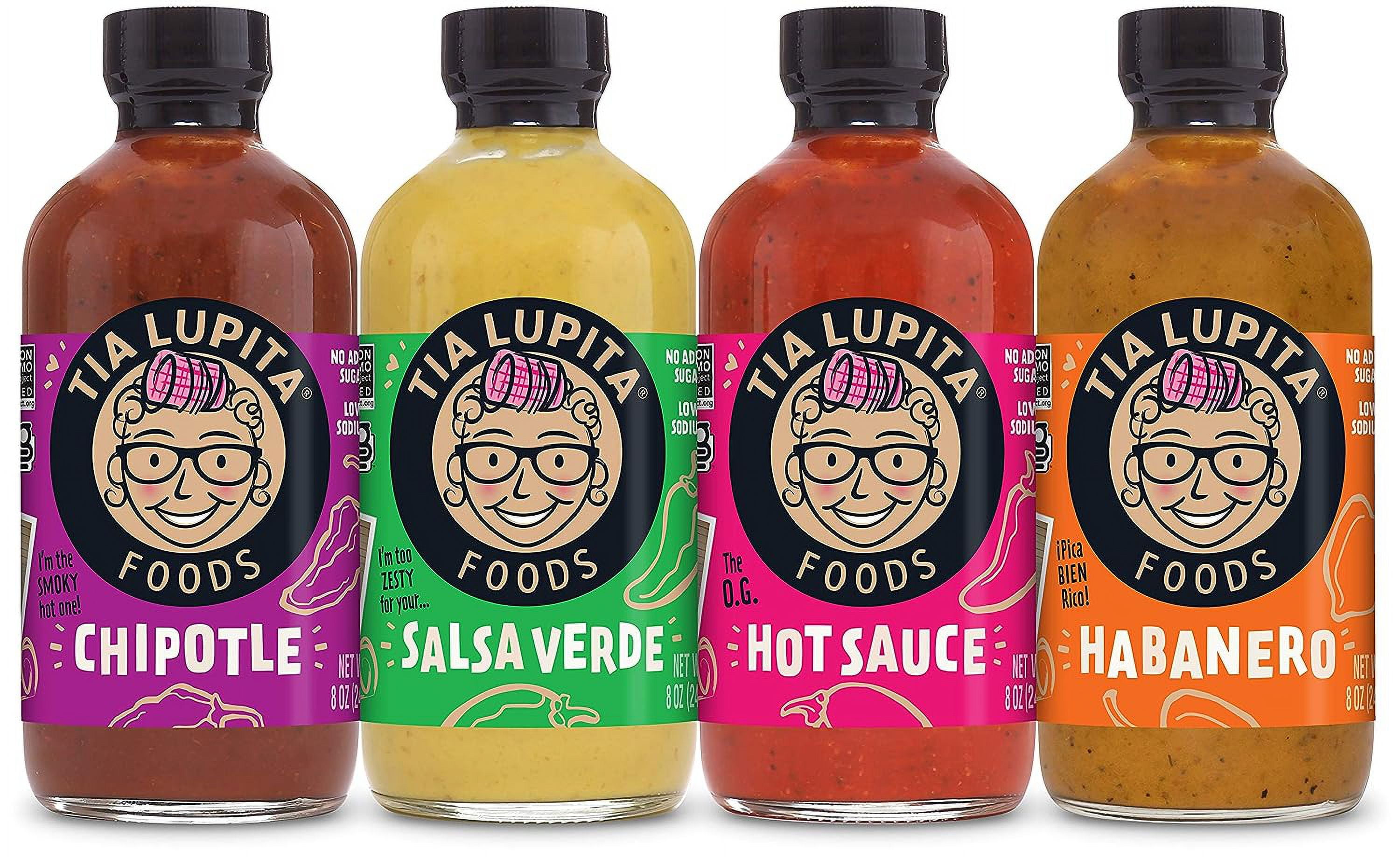 Tia Lupita Foods Hot Sauce Variety Pack Jalapeño, Salsa Verde, Habanero & Chipotle, 8 Oz 4 Bottles