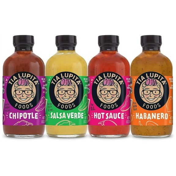Tia Lupita Foods Hot Sauce Variety Pack Jalapeo, Salsa Verde, Habanero & Chipotle, 8 Oz 4 Bottles
