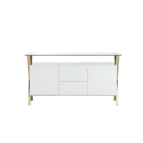 Tia Sideboard Buffet Console, 63 Inch Glass Top, White Lacquer, Gold
