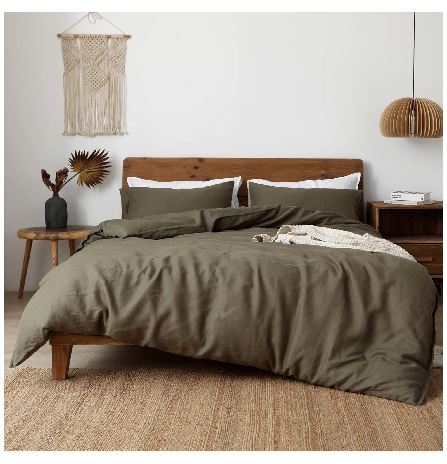 TiaGOC 100 Natural French Flax Linen Duvet Cover King, Olive Green