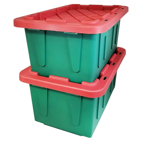 TiaGOC 4415MXDC.02 Durabilt 15 Gallon Heavy Duty Impact Resistant Stackable Holiday Storage Tote with Snap-Fit Lid, Green/Red (2 Pack)