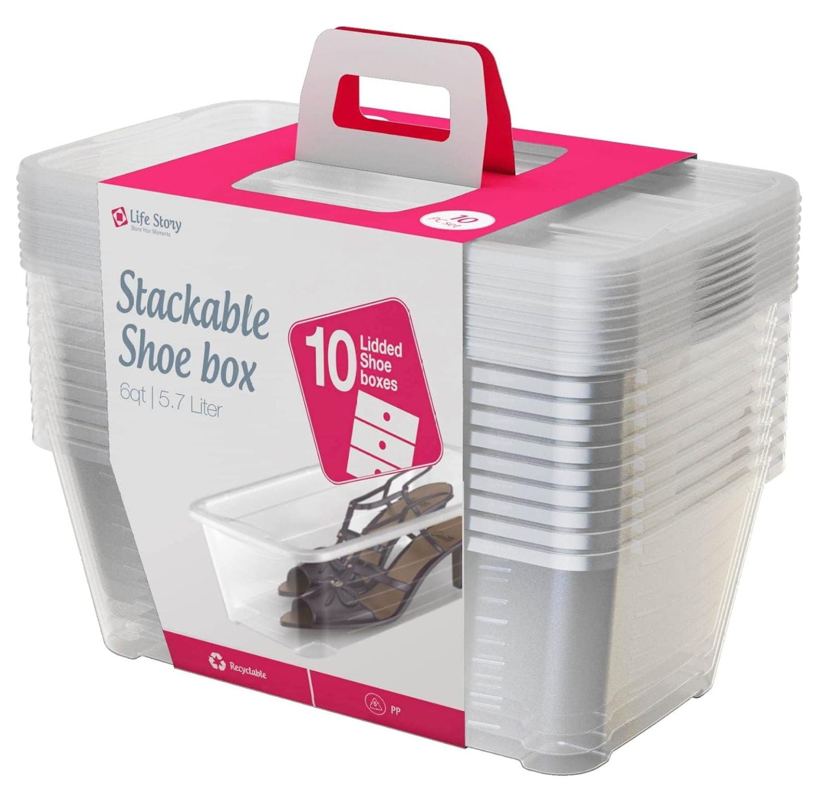TiaGOC 5.7 Liter Shoe Accessory and Closet Plastic Storage Box Multi Purpose Lidded Stacking Tote Containers Clear 10 Pack