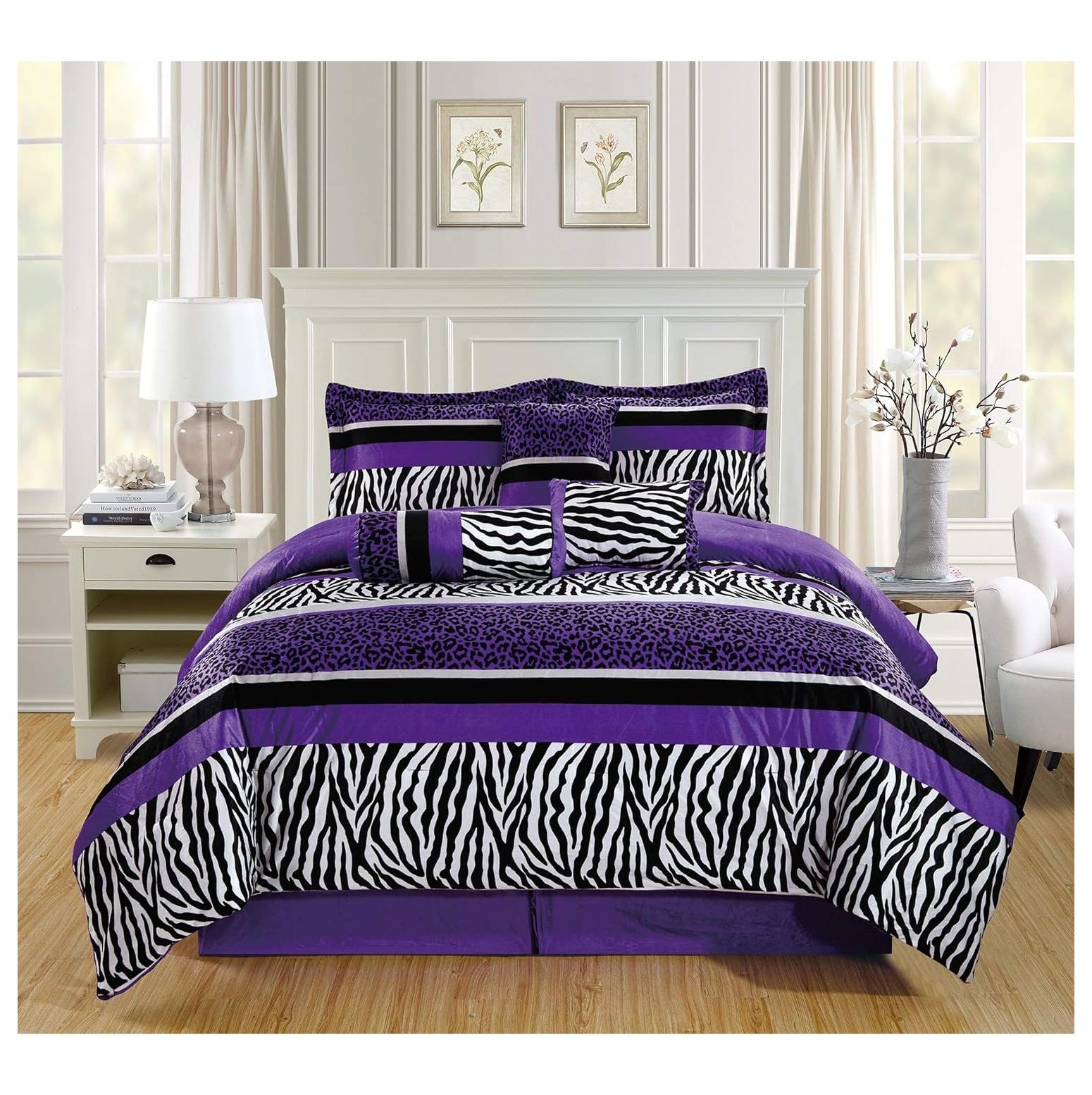 TiaGOC 5 Piece Size Dark Purple Black Animal Print Safari Comforter Set