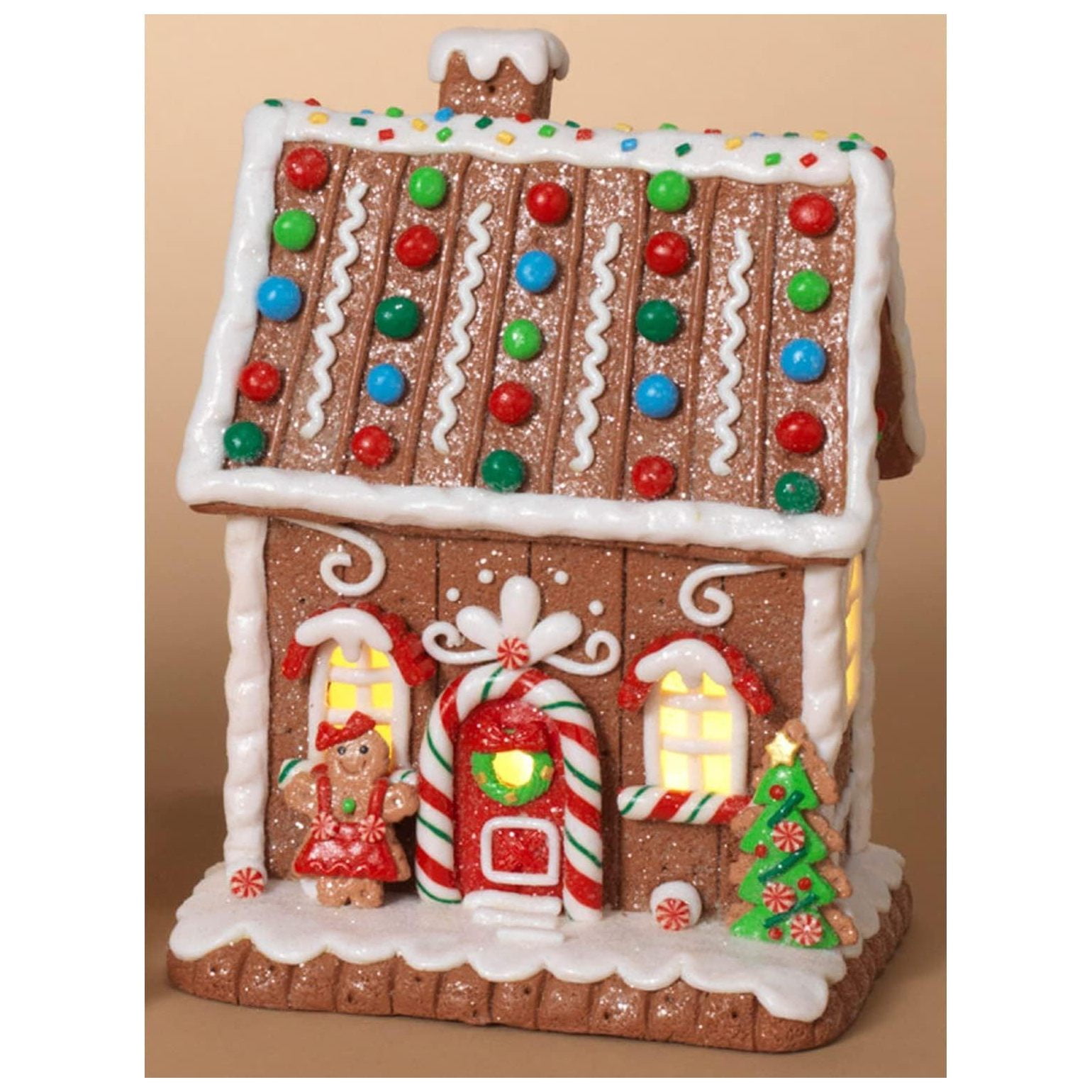 TiaGOC 7.5Inch Light Up LED Christmas Faux Gingerbread House Figurine with Woman and Candy