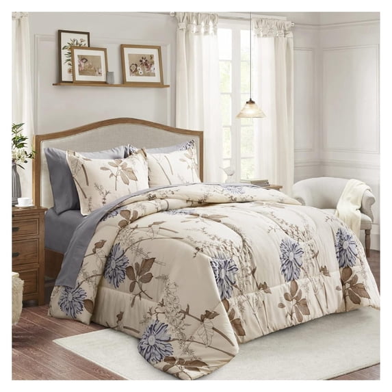 TiaGOC 7 Piece Bed in a Bag Queen, Flower Botanical Smooth Soft Microfiber Floral Comforter Set for All Season (1 Comforter, 2 Pillow Shams, 1 Flat Sheet, 1 Fitted Sheet, 2 Pillowcases)