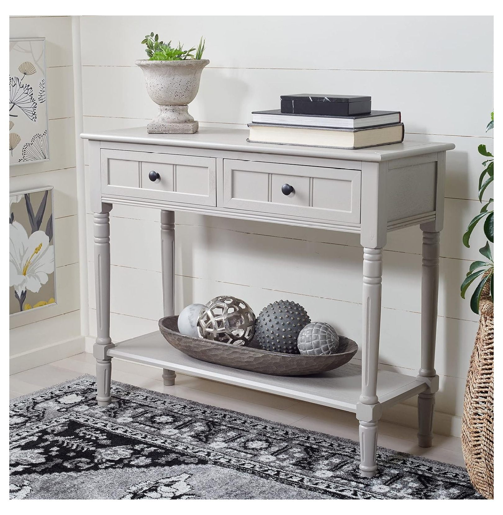 Transitional Gray Pine Wood 2-Drawer Console Table with Storage